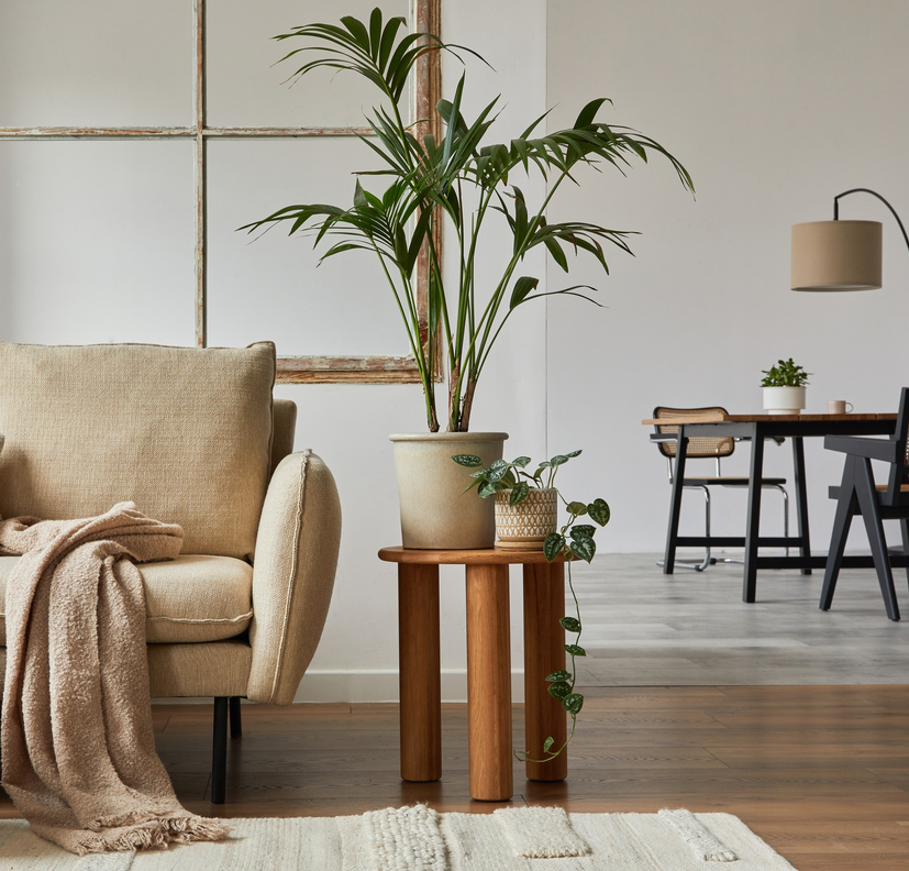 Moderno diseño interior de la sala de estar con sofá beige, lado de madera